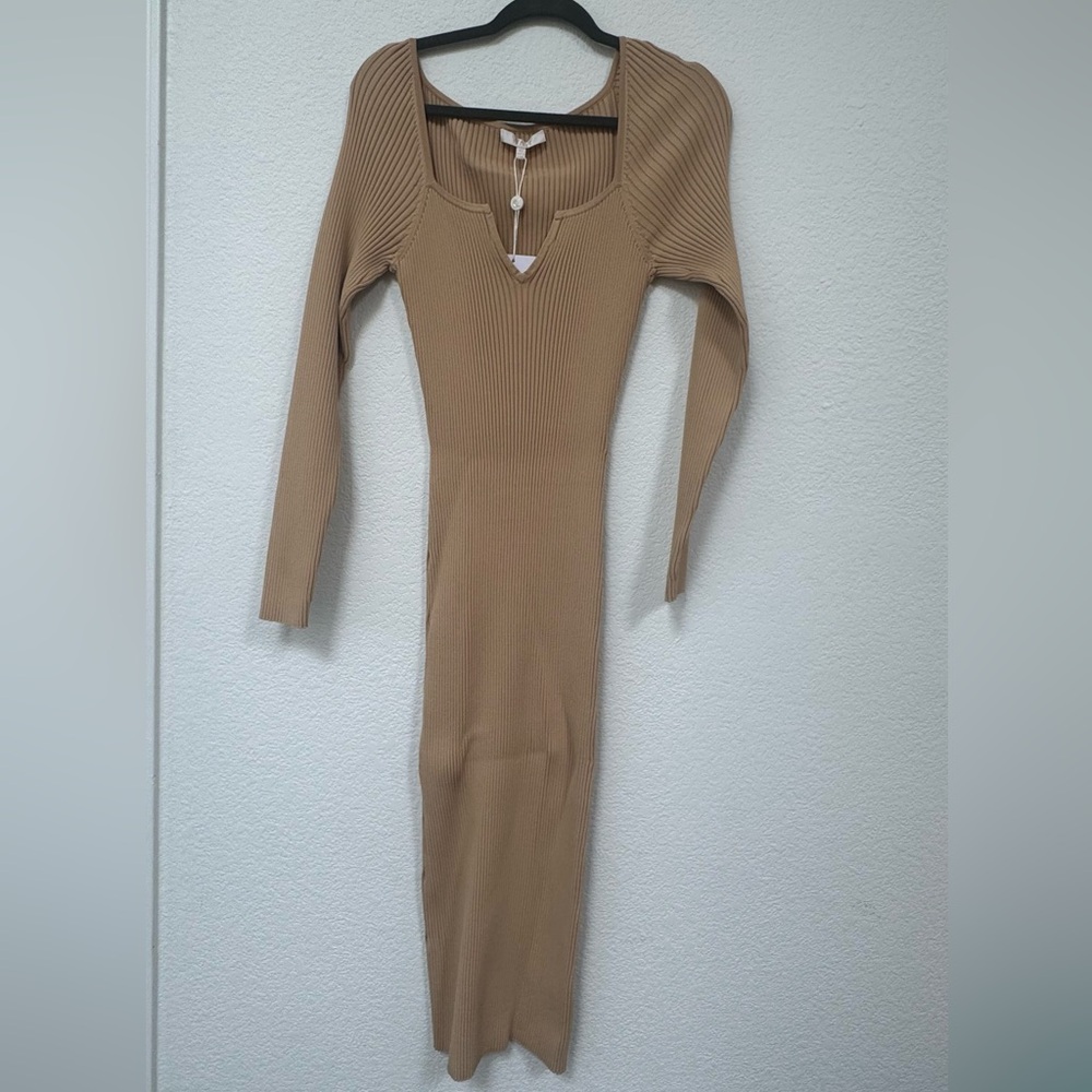 Wayf Tan Long Sleeve Ribbed Dress